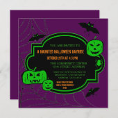フレーム付きグリーン/パープルカボチャ – ハロウィーン招待状 招待状 (正面/裏面)