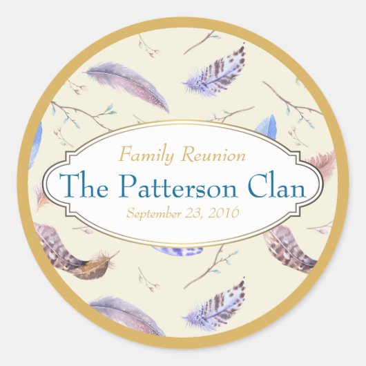 フレーム付き水彩羽ファンシー羽懇親会 ラウンドシール (正面)