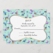 フレーム付き水彩鳥のウェディング出欠確認カード 招待状 (正面/裏面)