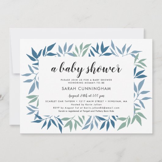 フレーム付き葉緑色の赤ちゃんシャワー 招待状 (正面)