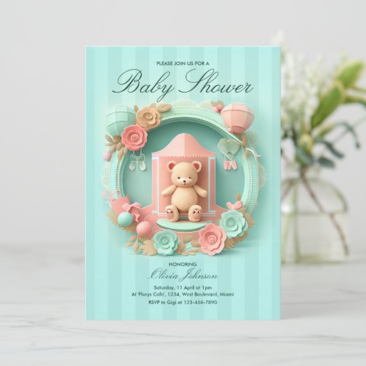 フレーム内のかわいいテディベア |赤ちゃんシャワーの招待 招待状 (スタンド正面)
