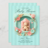 フレーム内のかわいいテディベア |赤ちゃんシャワーの招待 招待状 (正面/裏面)