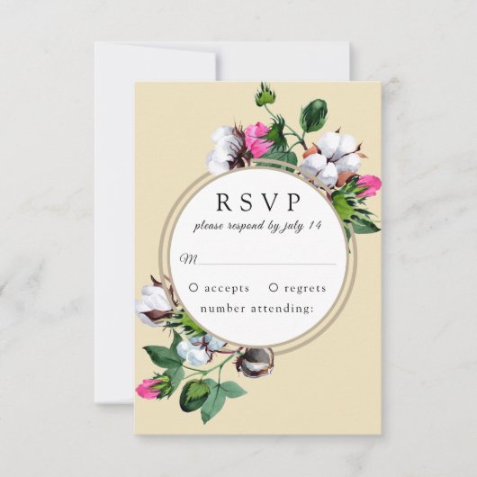 フレーム内の綿花。植物結婚式RSVP 出欠カード (正面)