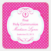 フレーム最初の聖餐式ピンクの甘い十字 スクエアシール (正面)