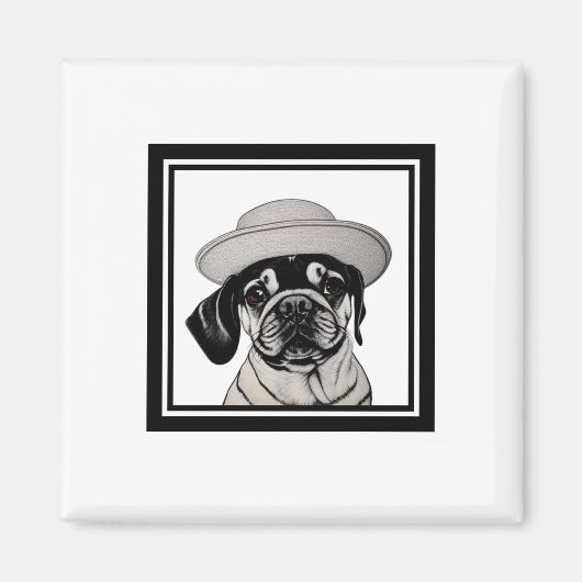 フレーム磁石にコートと帽子を着たメスのパグ マグネット (正面)