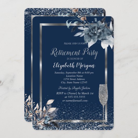 フレーム紙吹雪ウィンターフラワーシャンパンリタイアメント 招待状 (正面/裏面)