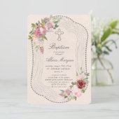 フレーム素朴ピンクブルゴーニュフローラバプテスマ 招待状 (スタンド正面)