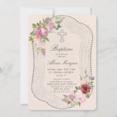 フレーム素朴ピンクブルゴーニュフローラバプテスマ 招待状 (正面)
