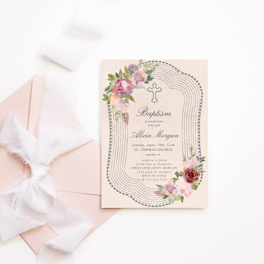 フレーム素朴ピンクブルゴーニュフローラバプテスマ 招待状