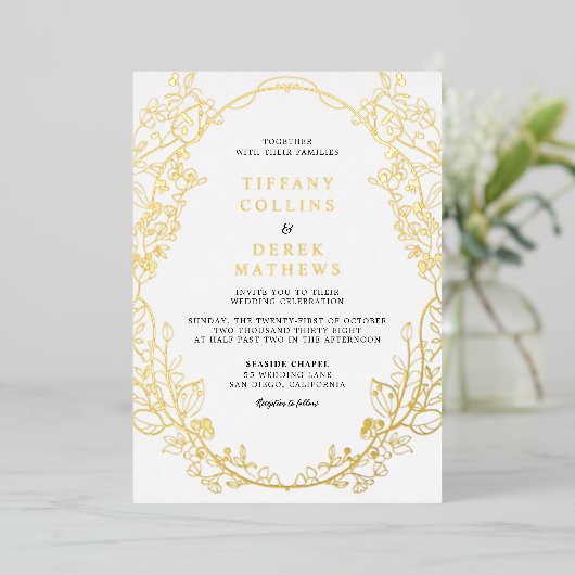 フレーム華美エレガントなウェディング金ゴールド 箔招待状 (立ち正面)