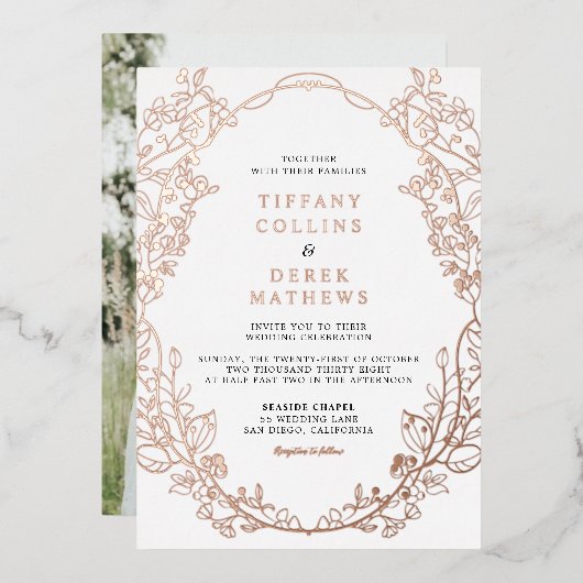 フレーム華美エレガントフォト結婚のバラ金ゴールド 箔招待状 (正面/裏面)