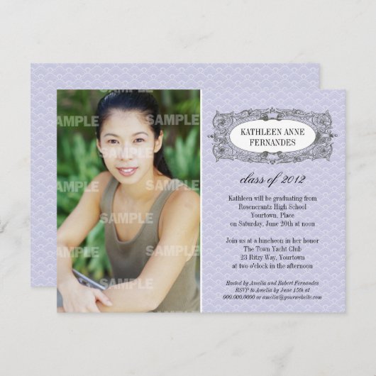 フレーム華美薄紫の卒業 招待状 (正面/裏面)