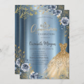 フレーム金ゴールドドレスブルーバラキンセアニラ 招待状 (正面/裏面)