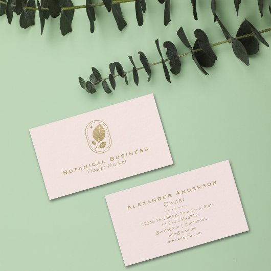 フレーム金ゴールドリーフミニマルボタニカルクリームシェードピンク 名刺