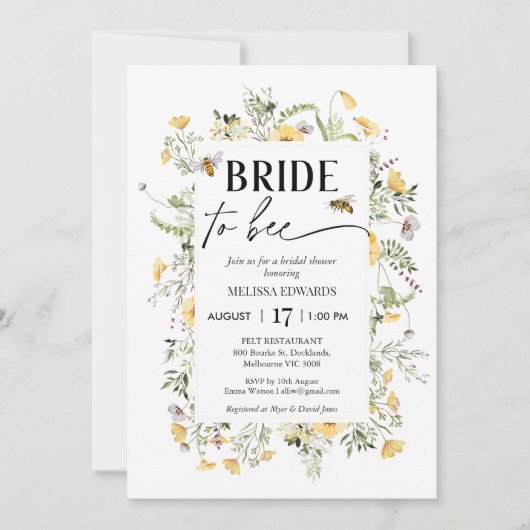 フレーム黄色のワイルドフラワーはブライダルシャワー 招待状 (正面)