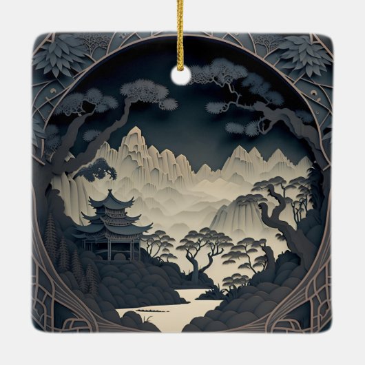 フレーム3D横向中国のきグレースクエアオーナメント セラミックオーナメント (裏面)