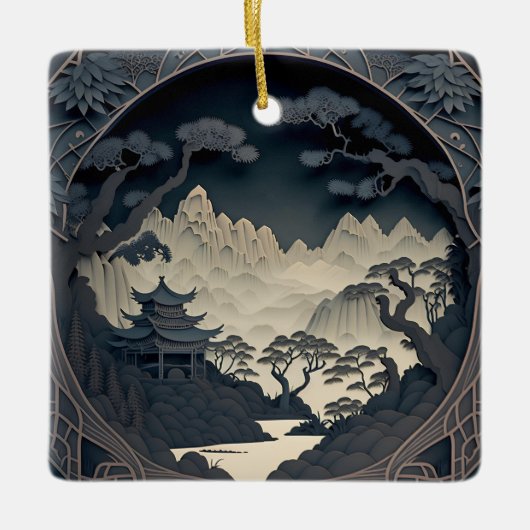 フレーム3D横向中国のきグレースクエアオーナメント セラミックオーナメント (正面)