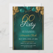 フレーム60誕生日の緑と金ゴールドのバルーン 招待状 (正面)