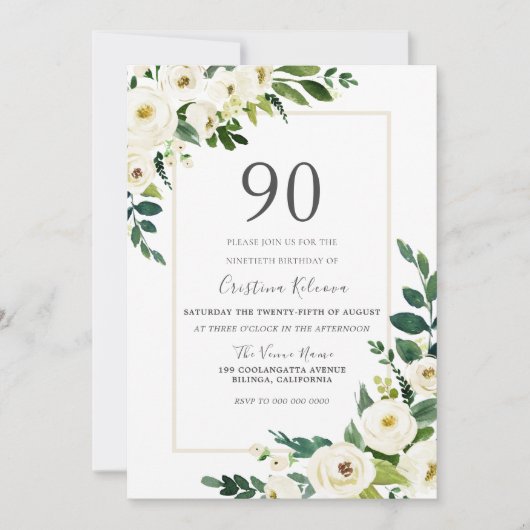 フレーム90誕生日の美しい白い花 招待状 (正面)