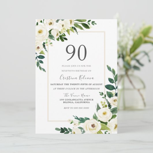 フレーム90誕生日の美しい白い花 招待状 (スタンド正面)