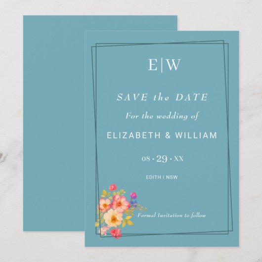 フレーム(バラ付き)、結婚のスタイル(レトロブルー) セーブザデート (正面/裏面)