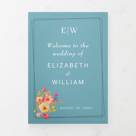 フレーム(バラ付き)、結婚のスタイル(レトロブルー) 三つ折りプログラム (カバー)