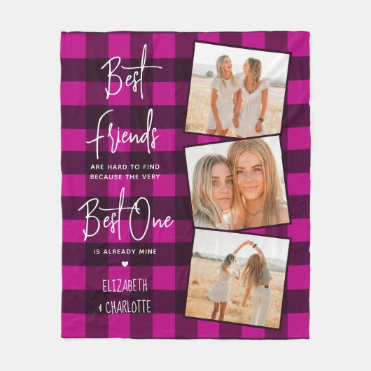 フレ最高のンズ3フォトフレンドシップトレンディーピンクプレイド フリースブランケット (正面)
