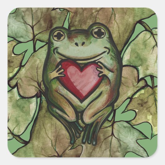 フロギーな恋人アートおもしろいカエルとハート スクエアシール (正面)