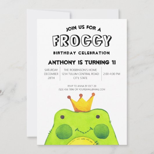 フロギーの誕生日の男の子の王子最初のパーティーかわいい緑 招待状 (正面)