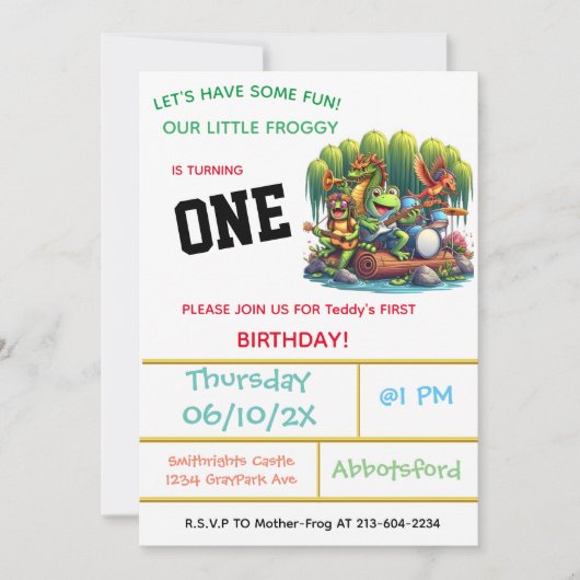 フロギーをテーマにした最初の誕生日パーティー 招待状 (正面)