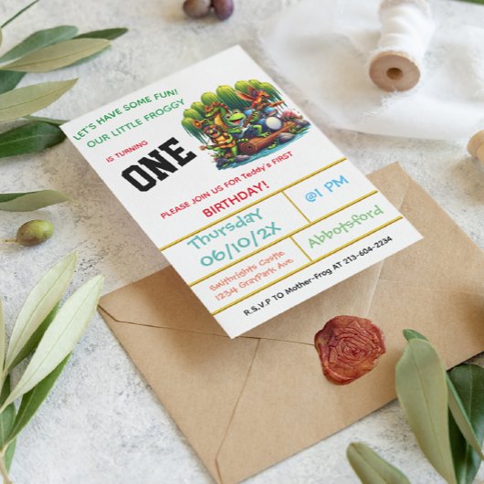 フロギーをテーマにした最初の誕生日パーティー 招待状