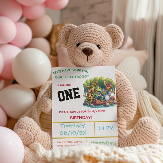 フロギーをテーマにした最初の誕生日パーティー 招待状