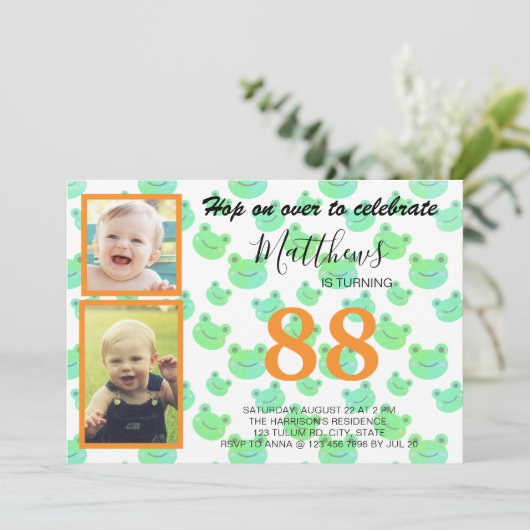 フロギー誕生日パーティー三カスタムつの写真テンプレート 招待状 (スタンド正面)