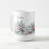 フロスティッド ウィンターベリーとモミの植物のホリデー コーヒーマグカップ (正面左)