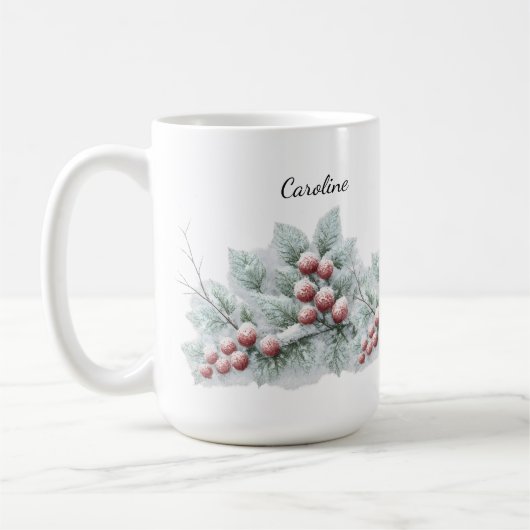 フロスティッド ウィンターベリーとモミの植物のホリデー コーヒーマグカップ (左)
