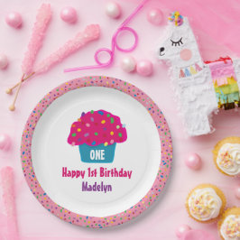 フロスティードカップケーキ+レインボースプリンクル 誕生日おめでとう ペーパープレート