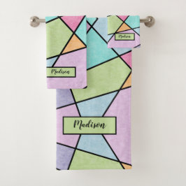 フロステッドパステル抽象芸術幾何学的ピンクブルー名 バスタオルセット