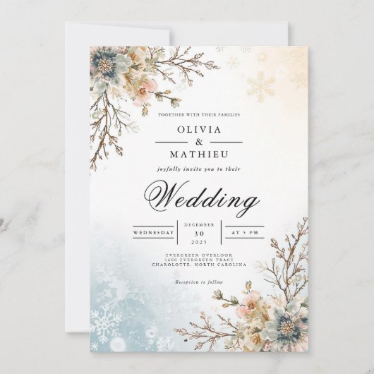 フロステッドブルー植物冬季結婚式 招待状 (正面)