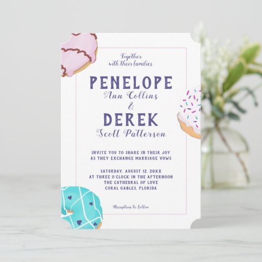 フロステッドモダンドナツイラストレーションスウィート結婚ズ 招待状 (スタンド正面)