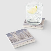 フロストは木および塀、コロラド州を覆いました ストーンコースター (横)