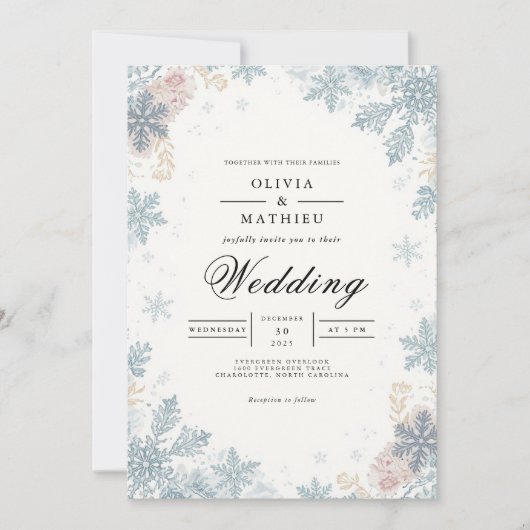 フロストブルーの雪の結晶 冬の結婚式 招待状 (正面)