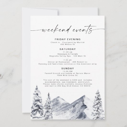 フロストマウンテンスキーキャビンバチェロレッテ旅程 招待状 (裏面)