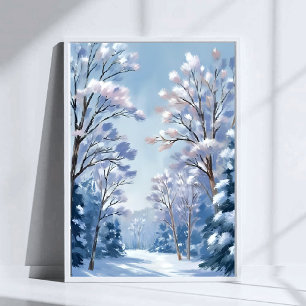 フロストライトの森|冬の雪の水彩画風景 ポスター