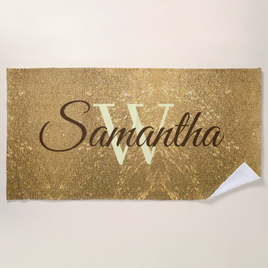 フロスト金ゴールドグリッタースクリプトモノグラムガーリー ビーチタオル (正面)