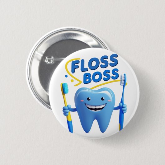 フロスボスパッチ – おもしろい歯科刺繍インスパイア付き 缶バッジ (正面&裏面)