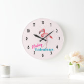 フロックファブラスタイポグラフィとピンクフラミンゴ ラージ壁時計 (ホーム)