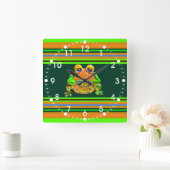 フロッグファンキーオレンジグリーンストライプのノベルティギフト スクエア壁時計 (ホーム)