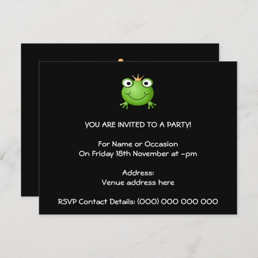 フロッグ王子。王冠を持った笑顔のカエル。 招待状 (正面/裏面)