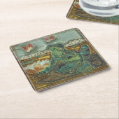 フロッグ・ドラゴンフライ・リリー・パッド・フラワー・ヴィンテージ・アート スクエアペーパーコースター (アングル)