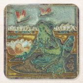 フロッグ・ドラゴンフライ・リリー・パッド・フラワー・ヴィンテージ・アート スクエアペーパーコースター (正面)